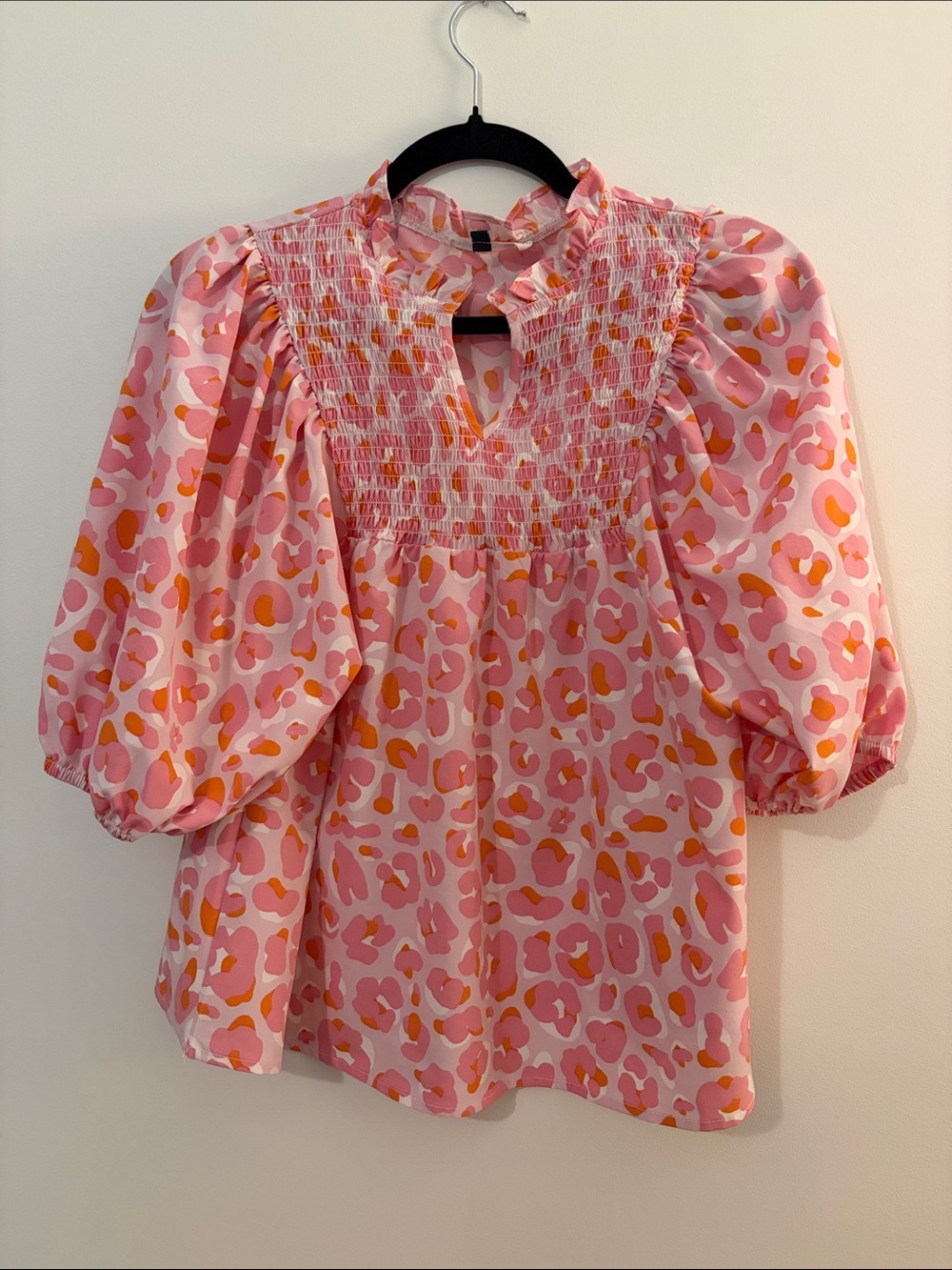 Smocked Puff-Sleeve Blouse in Pink and Orange Print